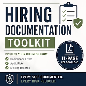 May include: A digital graphic for a Hiring Documentation Toolkit. The text reads: Hiring Documentation Toolkit, Protect your business from: Compliance Errors, Audit Risks, Missing Records. Includes an 11-page PDF download icon and a shield icon.