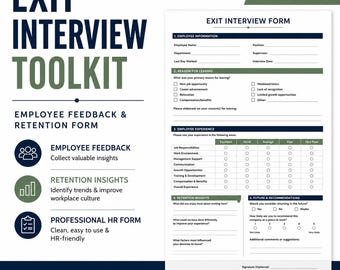 May include: An Exit Interview Toolkit document featuring an employee feedback and retention form. The layout includes sections for employee information, reasons for leaving, experience ratings, and future recommendations, with editable Word and PDF icons.