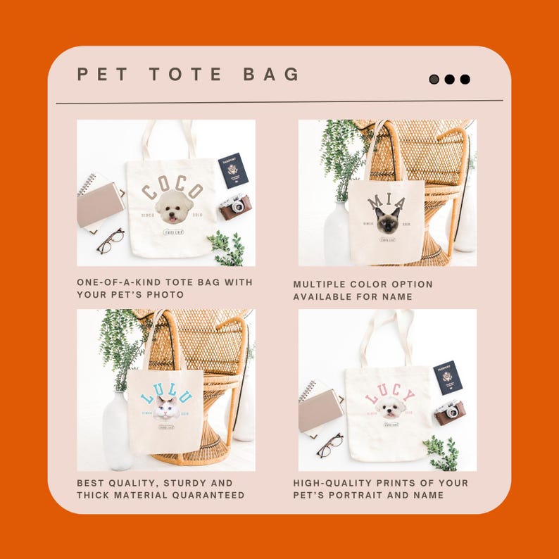 May include: Four tote bags with personalized pet portraits and names. The bags are white canvas with black text and feature a dog or cat portrait. The bags are displayed on a wooden chair and a table with greenery.