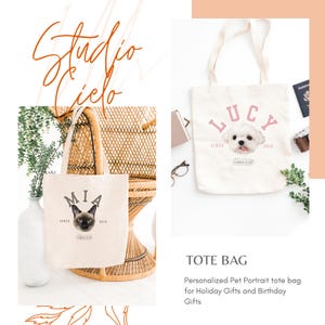 May include: Two white canvas tote bags with personalized pet portraits. The bag on the left features a cat named Mia with the text "Since 2018". The bag on the right features a dog named Lucy with the text "Since 2018".