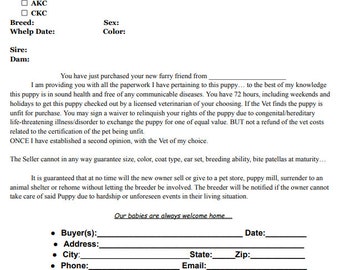 May include: A black and white document with the title "Puppy Buyer Agreement". The document includes a checklist of items, a section for the buyer's information, and a section for the seller's information.
