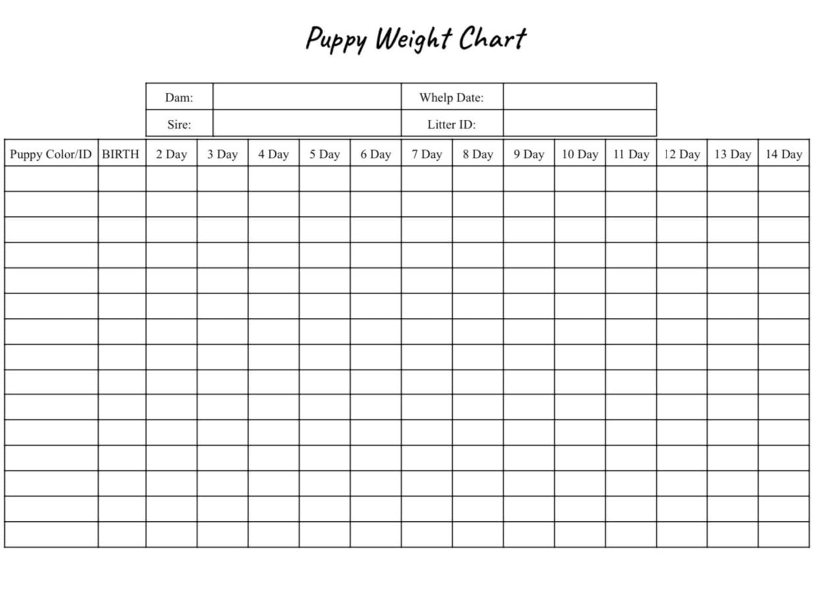 Customizable Puppy Weight Chart for Tracking Your Fur Baby's Days of