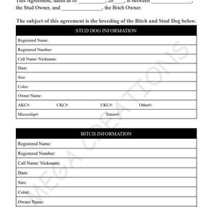 May include: A printed Stud Dog Service Agreement form. The document includes sections for Stud Dog Information and Bitch Information, with fields for registered names, numbers, and owner details. The text is in black font on a white background.