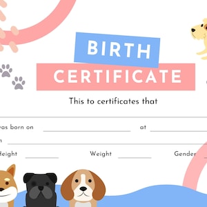 Unieke afdrukbare hond geboorteakte, aanpasbare puppy geboorteakte, hondenliefhebber cadeau, aangepaste hond aandenken, premium hond geboorteakte