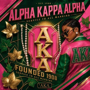 以下が含まれることがあります： Alpha Kappa Alpha、Service to All Mankind、Founded 1908というテキストが記されたグラフィックデザイン。金色のアイビーの葉、真珠のネックレス、背中にAKAの文字が入ったピンクとグリーンのジャケットを着た人物が描かれています。