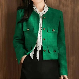 97a, 1997 Fall Vintage Chanel Green Tweed Jacket FR 42 US 6/8