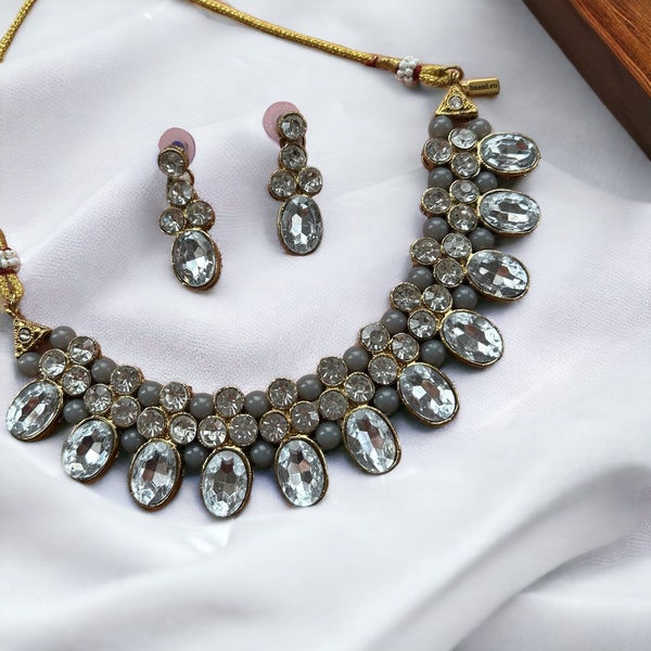 SWABI | Necklace and EarringSet | Plated traditional indian pakistani punjabi silver stone kundan pearl choker polki necklace