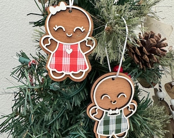 Mele Kalikimaka palaka gingerbread girl boy man ornament; Christmas tree ornament from Hawaii; Hawaiian Christmas; Red palaka; Green palaka