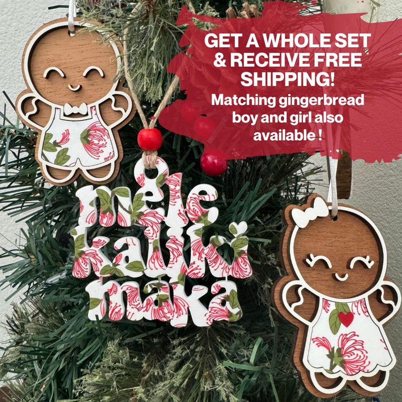 May include: Two wooden gingerbread ornaments with a floral pattern and a white ornament with the text "mele kalikimaka" hanging on a green Christmas tree.  Get a whole set and receive free shipping! Matching gingerbread boy and girl also available!