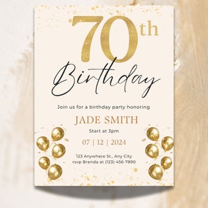 Editable 70th Birthday Invitation, 70th Birthday Invitation for women, Birthday Invite for her, DIY instant printable digital download