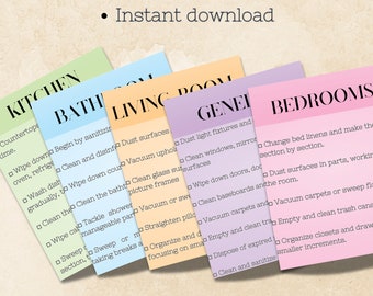 May include: A set of printable cleaning cards with a light green, light blue, light orange, light purple, and pink background. The cards are labelled "Kitchen", "Bathroom", "Living Room", "General", and "Bedrooms". Each card has a list of cleaning tasks to complete in each room.