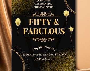 50th Birthday Invitation Printable Black & Gold Fifty and Fabulous Dinner Party Invite, Editable Digital Download, 50th birthday invite