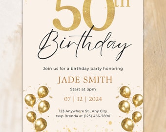 May include: Gold glitter 50th birthday party invitation with a white background and gold balloons. The invitation says "Join us for a birthday party honoring JADE SMITH. Start at 3pm 07 | 12 | 2024. 123 Anywhere St., Any City. rsvp Brenda at (123) 456-7890"
