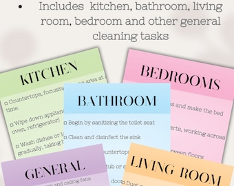 May include: Printable cleaning checklist cards with different coloured backgrounds. The cards are labelled "Kitchen", "Bathroom", "Bedrooms", "General", and "Living Room". Each card lists cleaning tasks for the corresponding room.