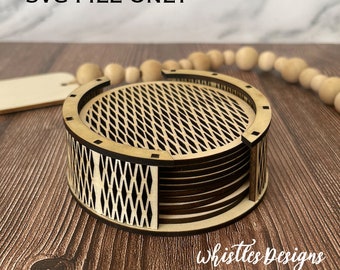 May include: A set of eight wooden coasters with a geometric pattern. The coasters are stacked in a circle and have a wooden base.