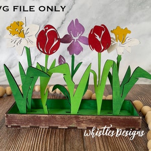 Standing Tulip, Daffodils, and Iris Flowers with leaves in a box SVG