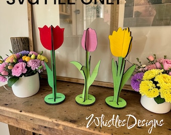 3D Tulips SVG Bundle – Standing Wooden Flowers, Summer Farmhouse Decor (Laser Cut File)