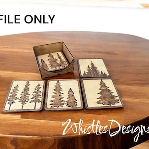 May include: Wooden coaster set with a forest design. The set includes four square coasters and a holder, all featuring a laser-cut tree motif. The coasters are displayed on a wooden table. The text "SVG FILE ONLY" is visible at the top.