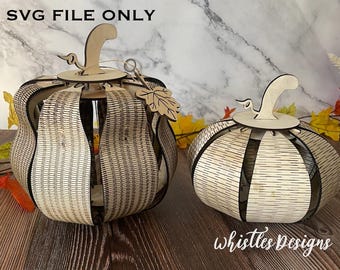 May include: Two wooden pumpkin cutouts, one larger than the other, with a striped pattern. The pumpkins are made of wood and have a rustic look. The text "SVG FILE ONLY" is visible at the top of the image.