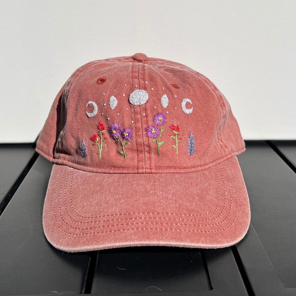 Vintage Wash Hand Embroidered Moon Wildflower Hat