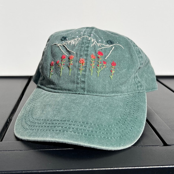 Vintage Wash Green Hand Embroidered Mountain Flower Baseball Hat