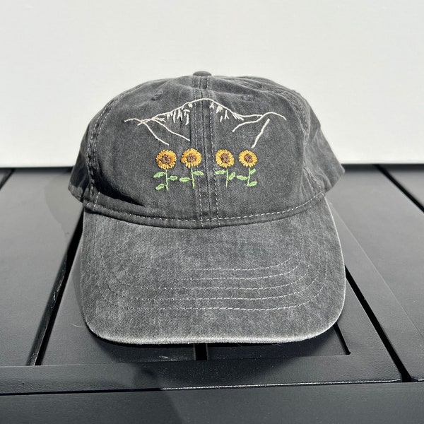 Vintage Wash Grey Hand Embroidered Mountain Flower Baseball Hat