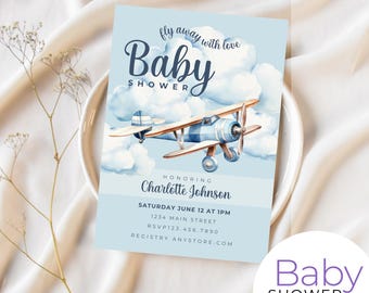 May include: Blue and white airplane baby shower invitation with clouds and the text "Fly away with love Baby Shower" and "Honoring Charlotte Johnson" with details for the event.