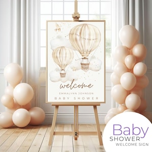 Modello modificabile per cartello di benvenuto per baby shower con mongolfiera