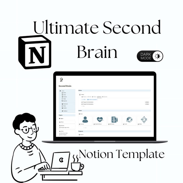 Ultimate Second Brain , Life Planner, Notion Template, Minimal Aesthetic Planner, Project Tracker, Expense Tracker, Notes, Tasks