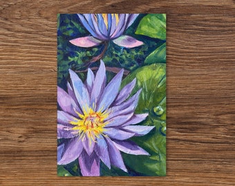 Illustrated Post Card Featuring Purple Water Lilies Painting Cool Colors Art Postcard For Thank You Notes And Pen Pal Modern Stationary Set