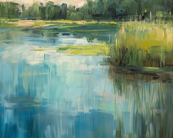 Waterscape Art Print Set: Serene Pond, Blue Green Wall Decor (Digital Download)