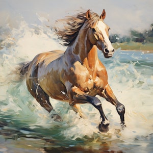 Majestueus rennend paard digitaal schilderen, Ocean Splash Horse Art, afdrukbaar muurdecor, download van dierenkunstwerken, grote poster