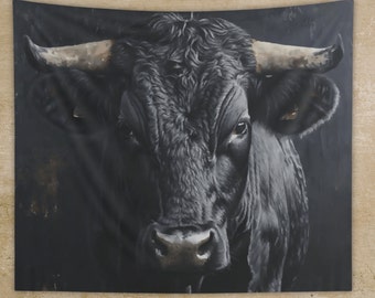 Black Angus Bull Wall Tapestry: Rustic Farmhouse Decor