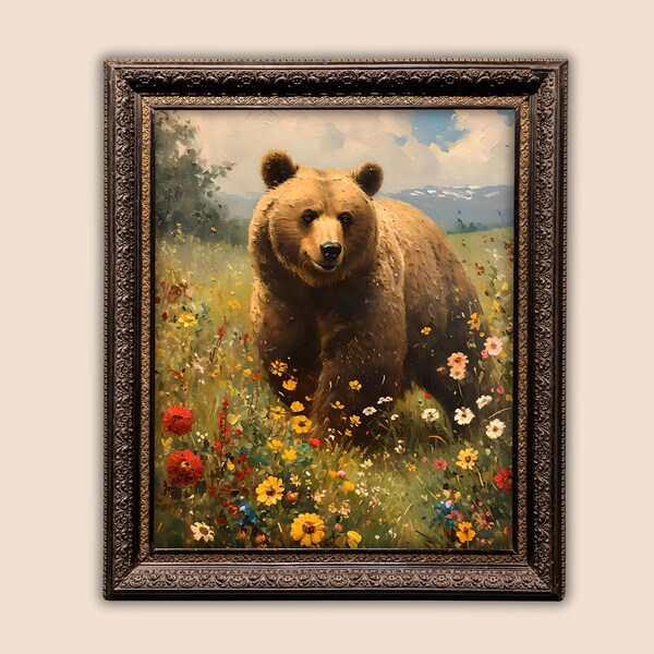 Rustic Bear Digital Painting, Wildlife Artwork Download, Forest Animal Wall Decor, Printable Nature Scenery, Countryside Bear Illustration