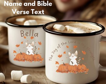 Personalized Kitten Enamel Camp Mug, Christian Bible Verse Mug
