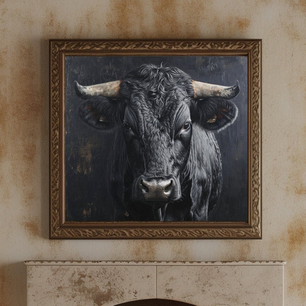 Rustic Bull Art Print Farmhouse Decor Digital Download Black Bull Painting Large Wall Art Animal Portrait Country Style Interior