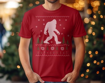 Bigfoot Sasquatch Cryptid Ugly Christmas Sweater T-shirt, rolig semester pappa tonåring kontorsanställd fest pappa gag gåva kortärmad T-shirt
