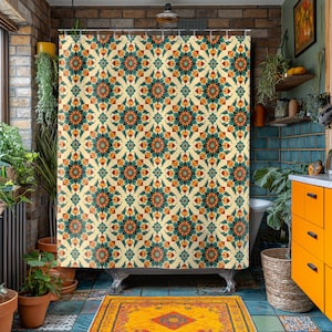 May include: A shower curtain with a repeating floral pattern in shades of orange, teal, and cream. The curtain hangs in a bathroom with a yellow rug, orange cabinets, and potted plants. The bathroom has a vintage aesthetic.