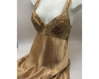 Y2K Victoria's Secret Gold Satin Lace Babydoll Slip Dress Women's Small