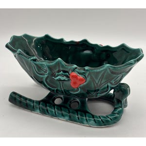 Vtg Lefton Ceramic Green Sleigh Bowl Holly Berries Candy Christmas Winter