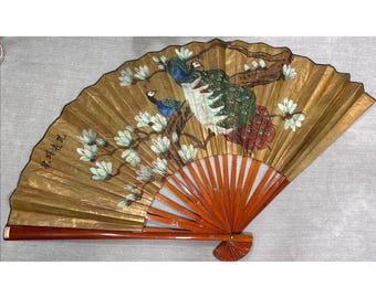 Großer Handgemalter Pfau Antiker asiatischer Wand-Dekor-Fächer 52x70 cm signiert