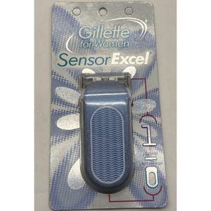 May include: A blue and silver Gillette SensorExcel razor for women, packaged on a silver and blue card. The razor has a blue grip and is labeled with the text "Gillette for Women SensorExcel". The package includes one cartridge and one refillable razor.