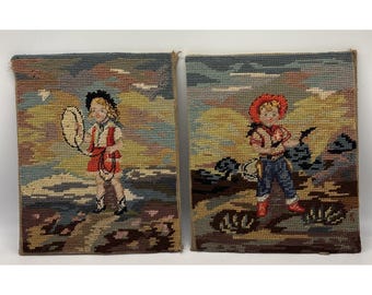 Vintage Embroidered Picture Children Cowboy Cowgirl Western Set Of 2