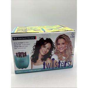 May include: A box of Remington Twisters hot rollers. The box features images of two women with curly hair. Text on the box includes "20 fun, bendable hot rollers" and "Perfect for today's hottest hair styles."