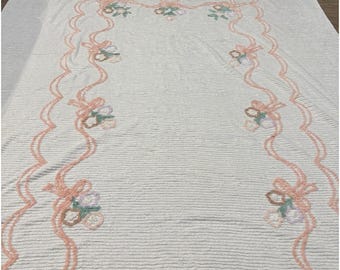 Vintage Chenille Bedspread White Floral Ribbon Cottage Core 99x87"