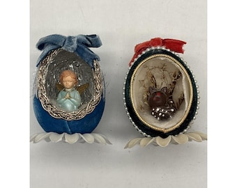 2- Vintage Egg Diorama Angel Praying,  Rudolph Pedestal Decoration MCM Christmas