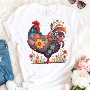 Women’s Colorful Chicken TShirt, Fun Chicken Shirt, Cute Chicken Tee, Animal Lover Tee, Floral Chicken Shirt, Unisex Jersey Short Sleeve Tee