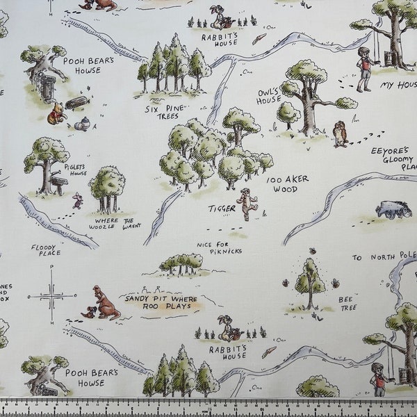 Winnie The Pooh Map on White Cotton Fabric by the Yard