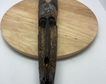 Vintage Ghana Hand Carved Horn Mask, Large African Wooden Wall Mask, Tribal Style Wall Decor, Statement Art Piece