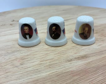 Vintage U.S. Presidents Porcelain Thimbles Set of 3 Polk Garfield Ford Political Memorabilia Mini Collectibles